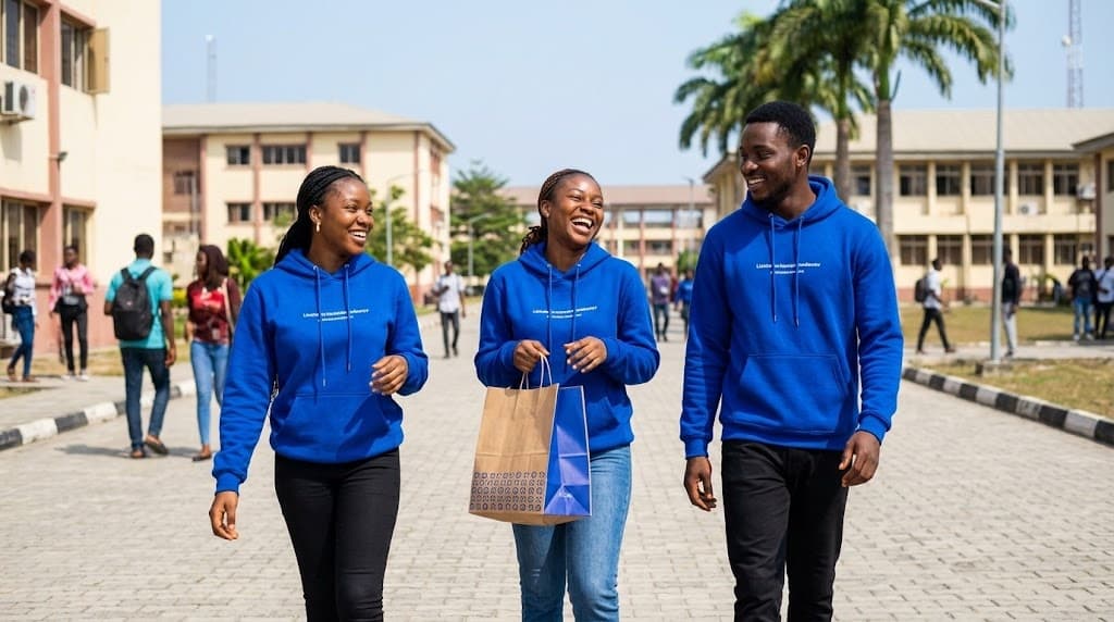 ValGo student ambassadors in royal blue hoodies on Nigerian university campus