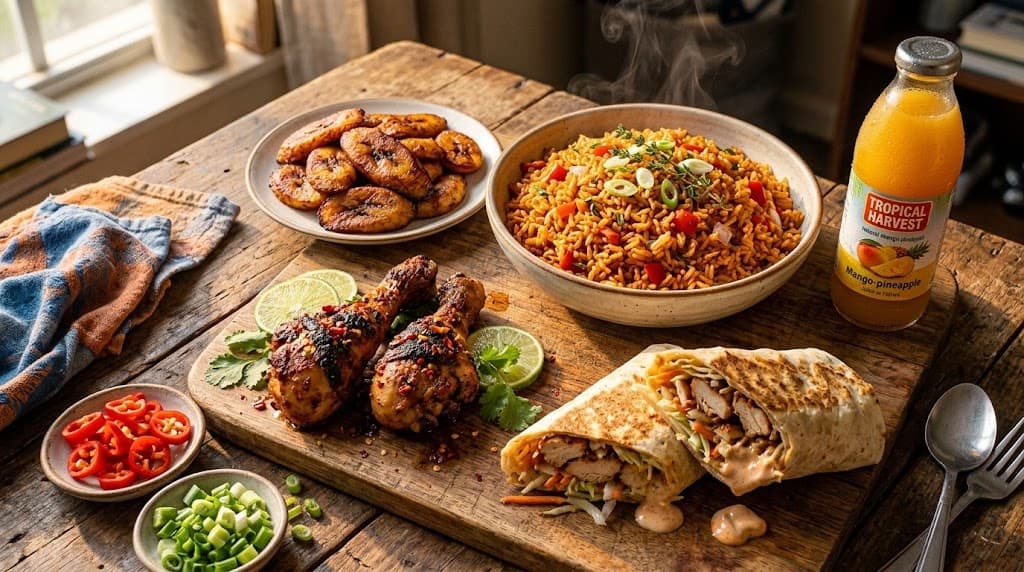 Sizzling Firewood Jollof Platter with Plantain & Peppered Beef