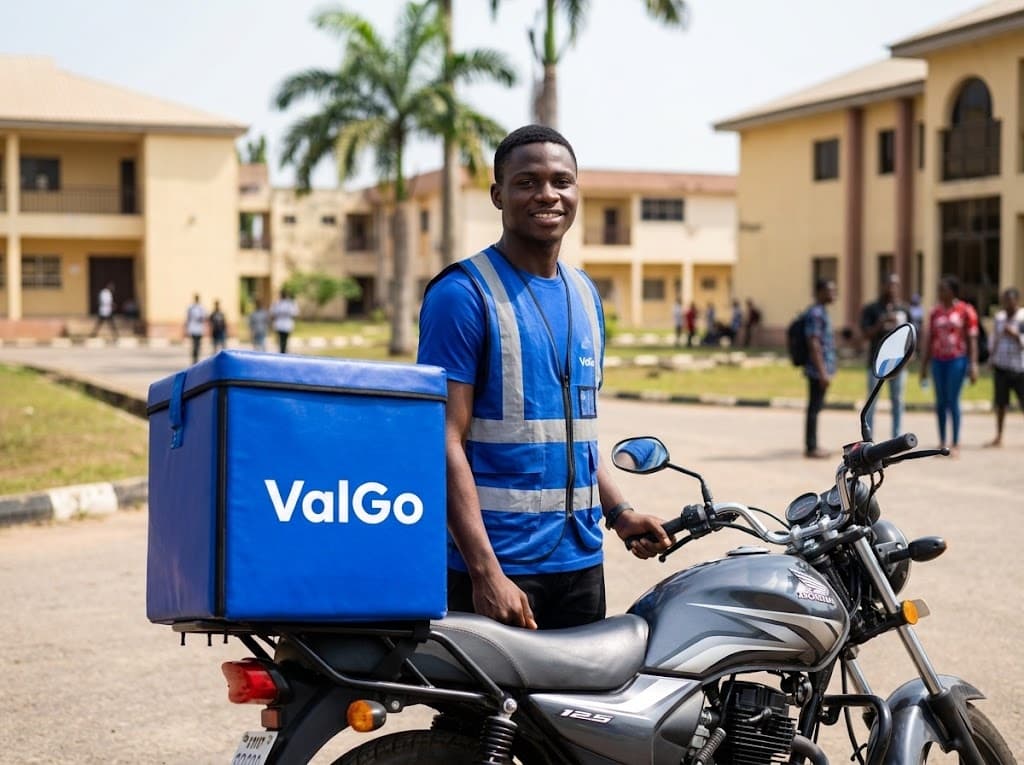 ValGo campus delivery rider on motorcycle with royal blue thermal box