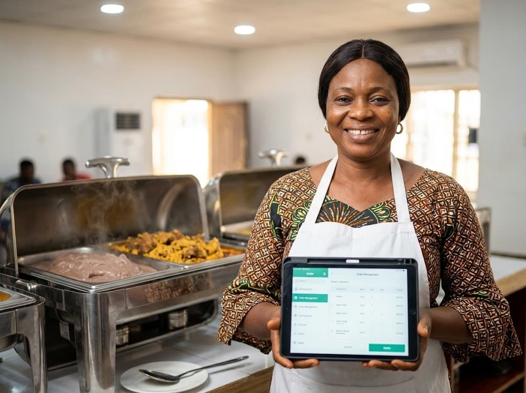 Nigerian campus restaurant and buka owner managing delivery orders with ValGo vendor tablet portal